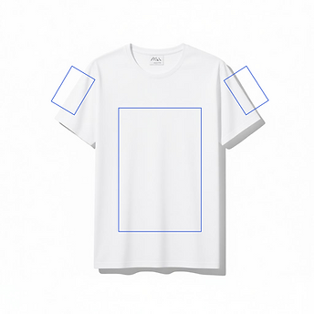 白いTシャツと加工可能位置の四角。前面にデザインをプリントする場所を示しています。
