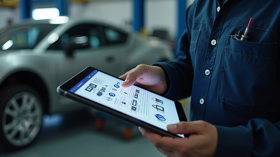 Eye-level view of a mechanic using a tablet to check automotive parts catalog