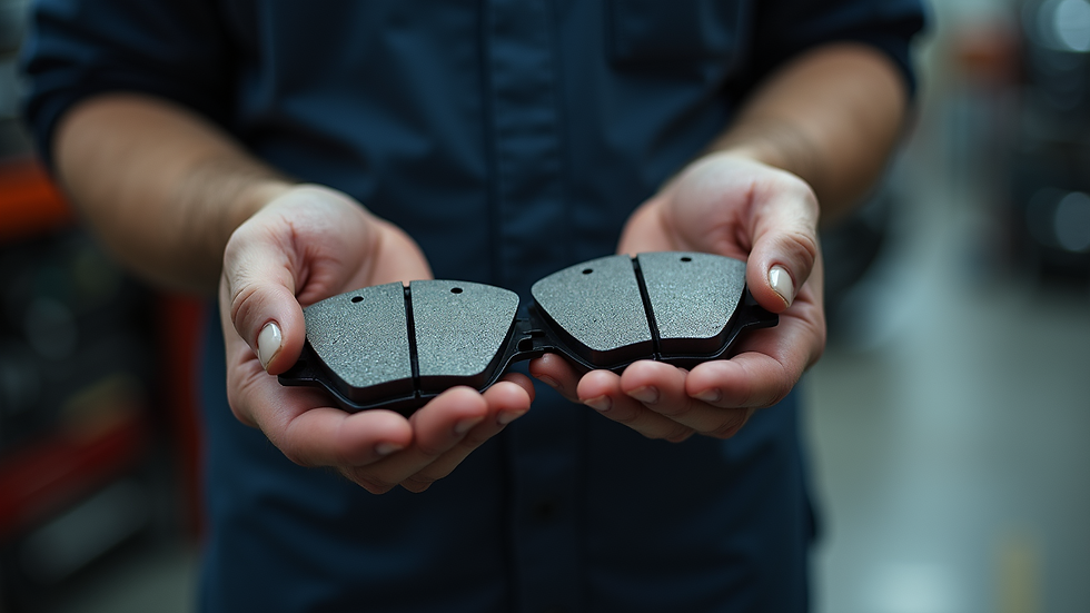 Eye-level view of a mechanic comparing two brake pads side by side