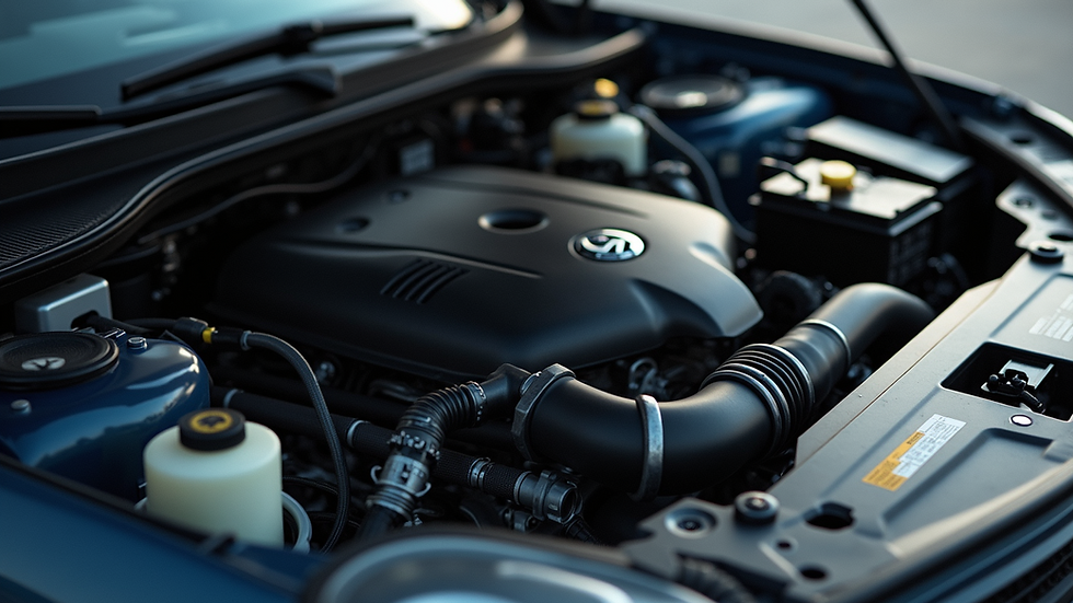Close-up view of a car engine compartment showing various auto parts