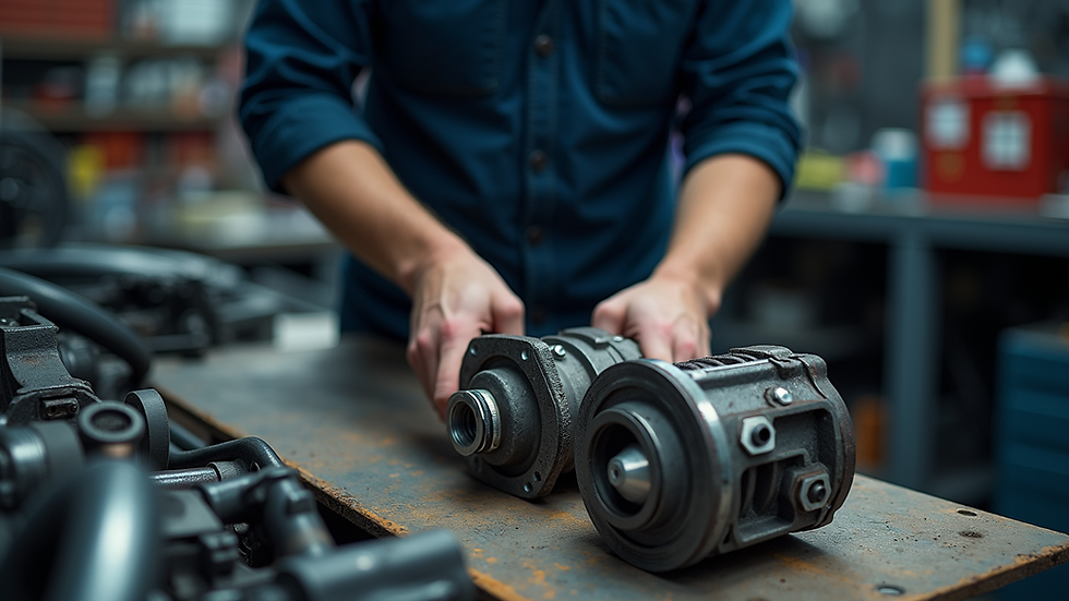 High angle view of a mechanic comparing two similar auto parts on a workbench