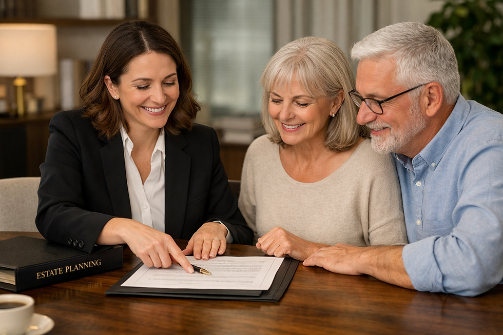 Senior couple reviewing documents for mobile trust & estate services