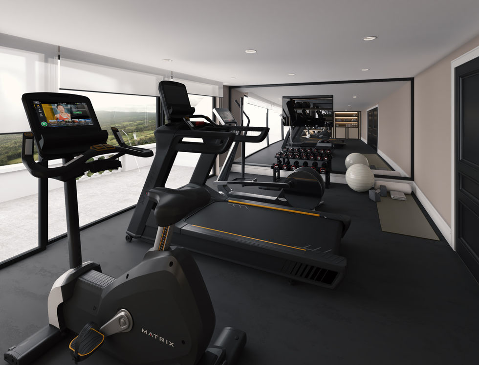 Interior CGI of a private home gym with modern equipment and natural light, showing functional layout and space planning