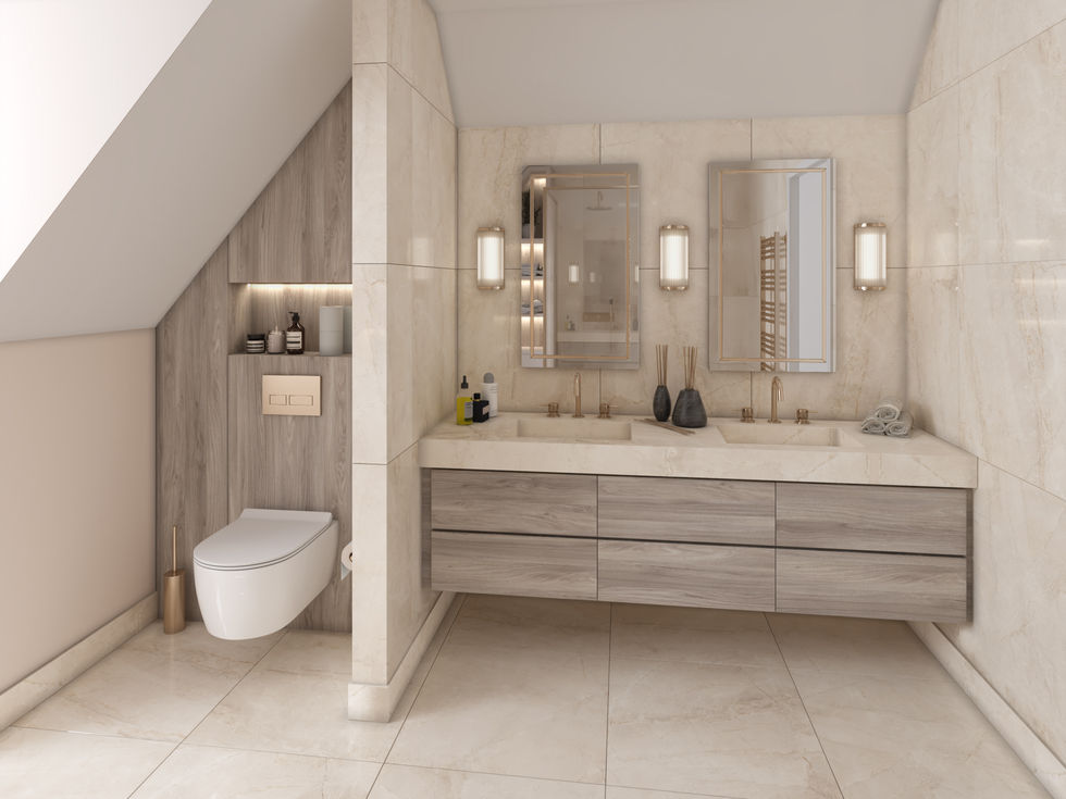 Interior CGI of a marble bathroom with contemporary fixtures, created to communicate material detail and spatial layout
