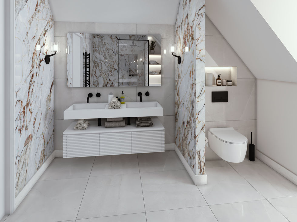 Interior CGI of a marble bathroom with contemporary fixtures, created to communicate material detail and spatial layout
