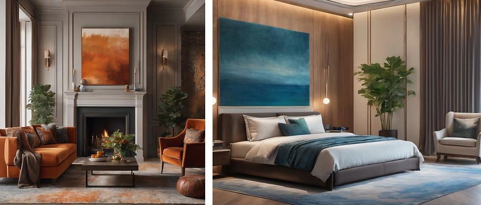 A living and bedroom with a neutral + colour colour scheme