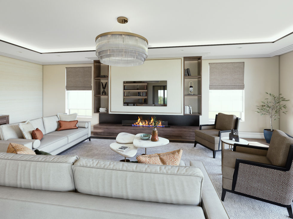 Interior CGI of a contemporary living room with neutral palette and layered lighting, created for client design approval