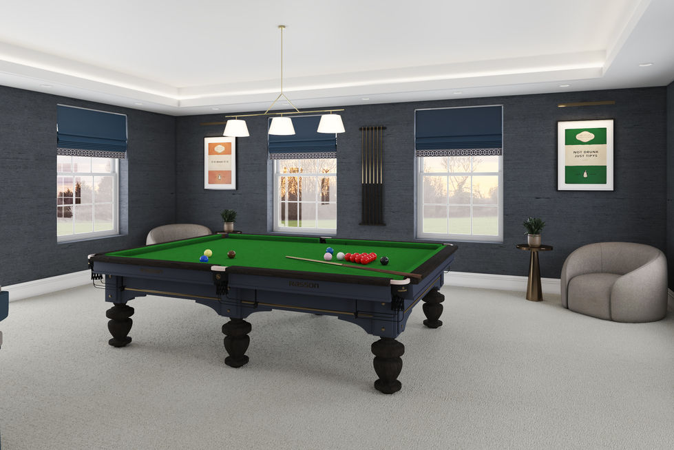 Interior CGI of a private home cinema room with dark finishes and integrated lighting, designed to communicate atmosphere and layout