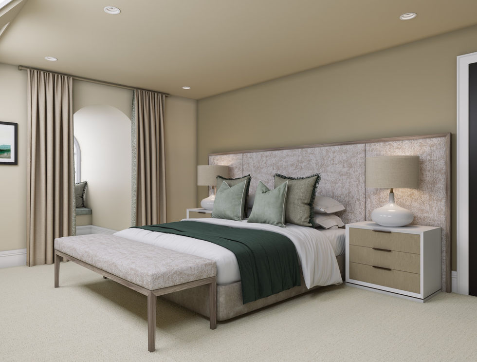 Interior CGI of a residential bedroom with soft neutral tones, designed to present material palette and layout