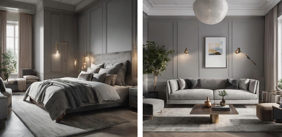 Modern bedroom and livingroom with monotone colour scheme