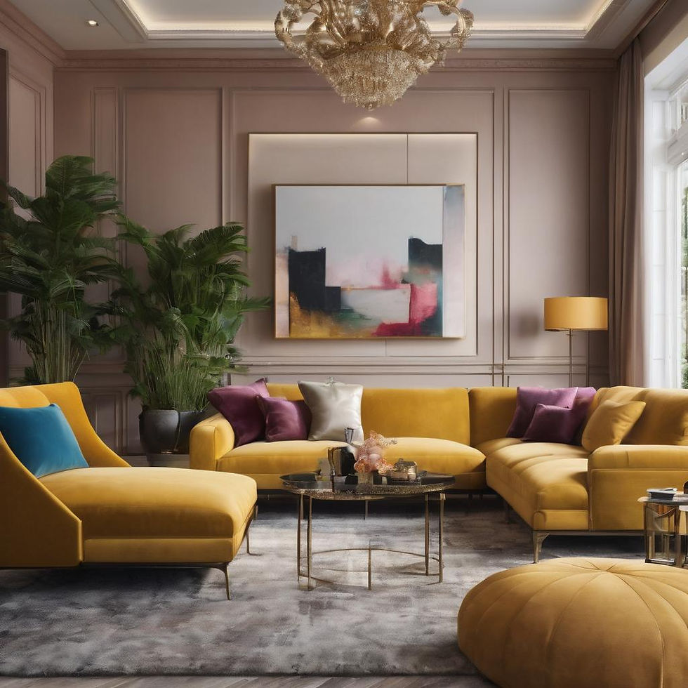 A luxury living room with a triad colour scheme with yellows purples and blues