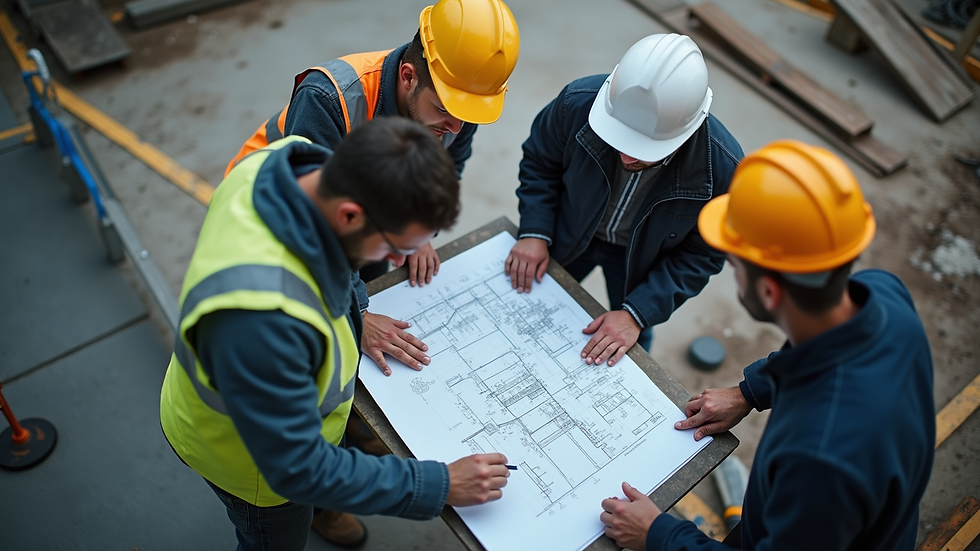 High angle view of industrial project team reviewing blueprints on site