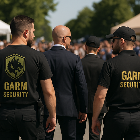 Three Garm Security guards escorting a man through a crowd of people.