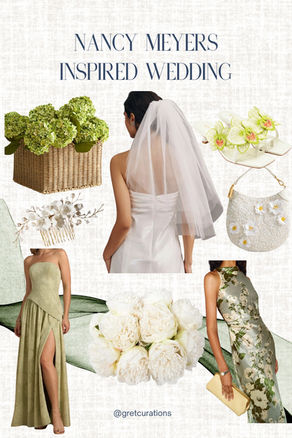 Nancy Meyers inspired wedding ideas featuring a bride in a veil, wicker basket with hydrangeas, floral bridal shoes, floral hair comb, beaded floral clutch, sage green dress, white peonies, and green floral wedding guest dress.