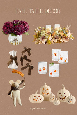 Fall table decor ideas featuring burgundy hydrangeas, a fall candle centerpiece, velvet bow napkin rings, pumpkin drinking glasses, white pumpkin decor, and a felt fall mouse decoration.