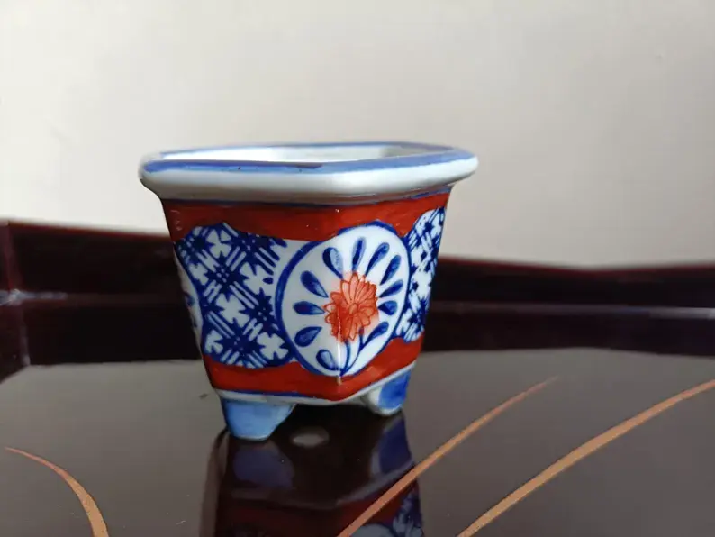 Thumbnail: Set of 4 miniature bonsai pots for small plants, cacti, succulents - blue and white oriental Japanese gardening craft with dr