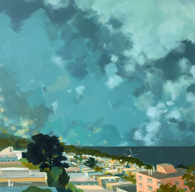 Rooftop view of Pacific Ocean, landscape, sky, golden gate park, and the Outer Richmond in San Francisco. Foggy, moody, movement, blue, green pink, cityscape, landscape, skyscape