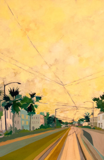 Outer Sunset San Francisco, landscape, sky, bright, fog, peaceful, nostalgic, mystical, bright, yellow, gold, olive, peach, pink, green, palm trees, Taraval, Ocean Beach, power lines, muni