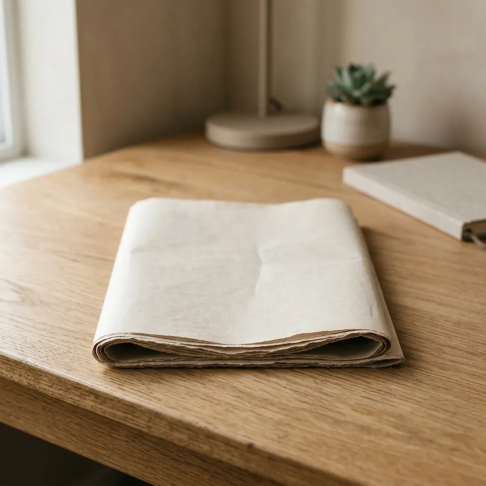 Studio photography of folded brown paper on a wooden desk. The scene is calm and minimalist, suggesting a creative workspace.