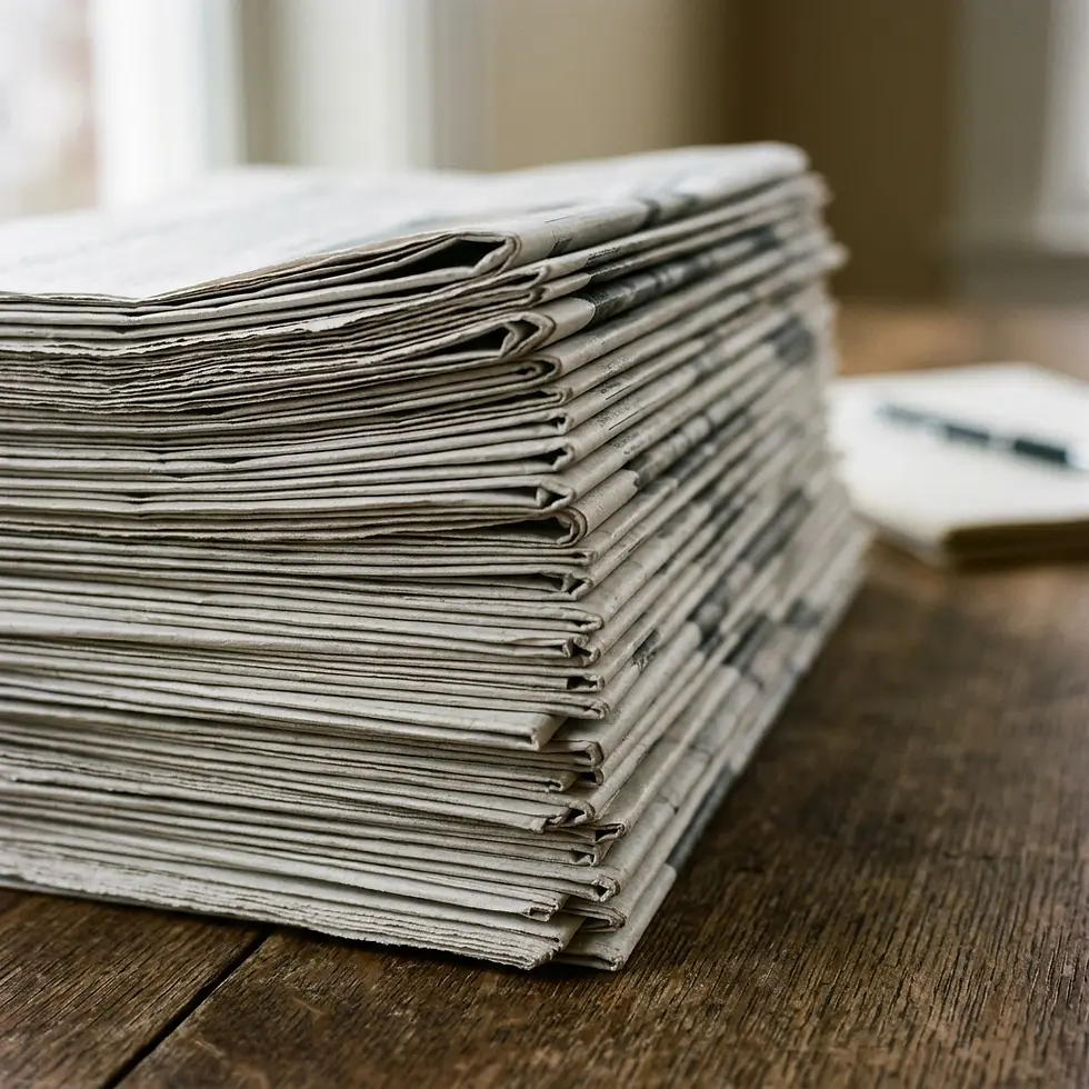 Packshot photography of a large stack of folded newspapers resting on a rustic wooden table. A blurred notebook and pen are visible in the background, suggesting a quiet moment.