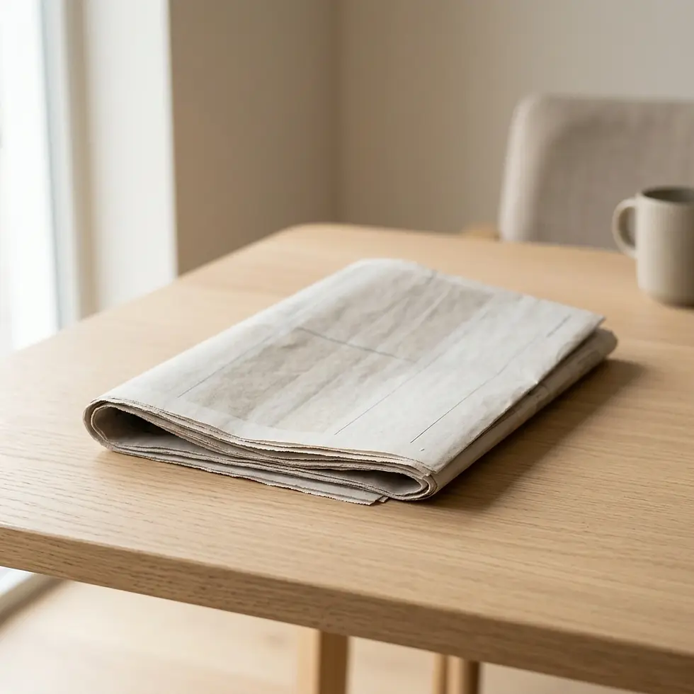 Product photography of a folded striped linen tablecloth on a light wooden table. The clean, minimalist composition evokes a calm domestic setting.