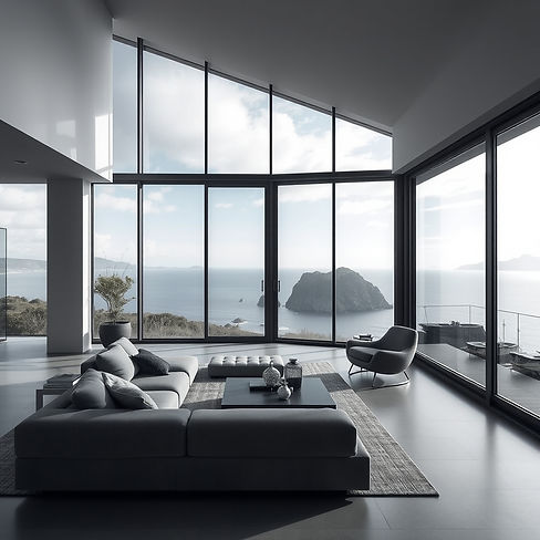 Cold modern palette (cool greys, charcoals, muted blues) — a panoramic coastal view framed