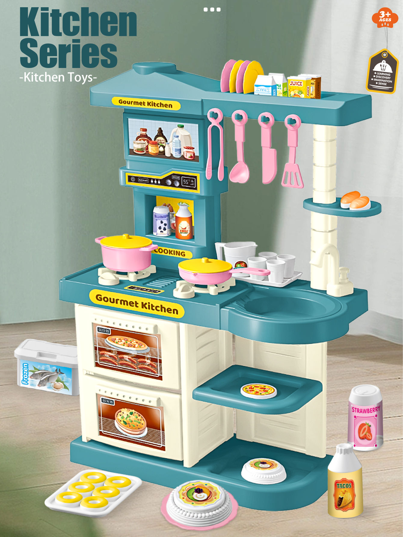 Kids Play Kitchen Accessories, Playset Toys Kitchen Foods Pans Milk Pots Breads