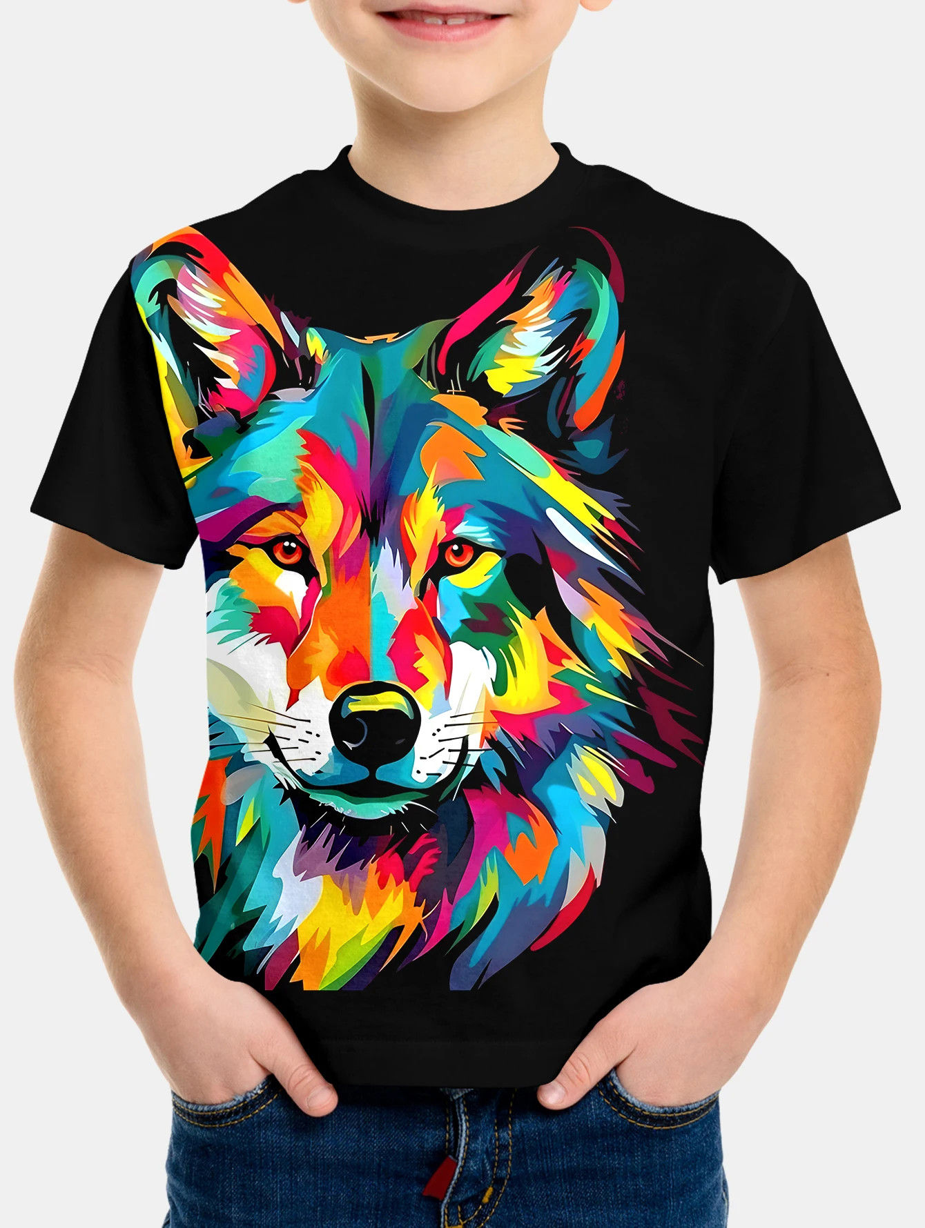 Animal Wolf Pattern 3d Printe Children's Tops Summer Boy's Round Neck Casual Sho