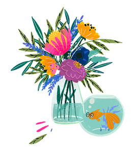 an illustration of wildflowers in a vase and a goldfish in a fish bowl