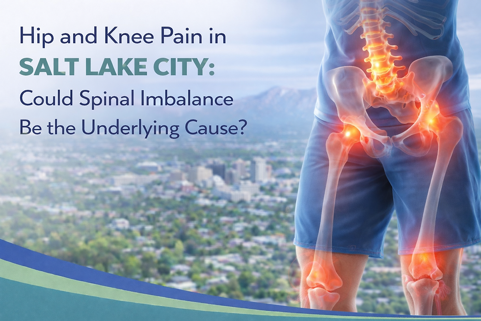 Digital banner featuring an anatomical illustration of the lower spine, pelvis, hips, and knees highlighted in red to represent pain, set against a Salt Lake City skyline background with the headline about hip and knee pain