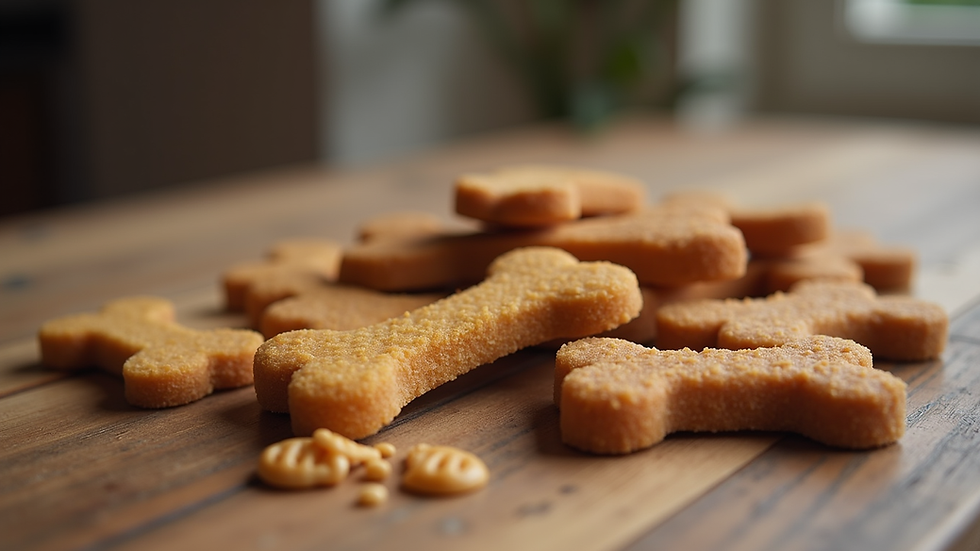 Eye-level view of a variety of dog treats arranged on a wooden table