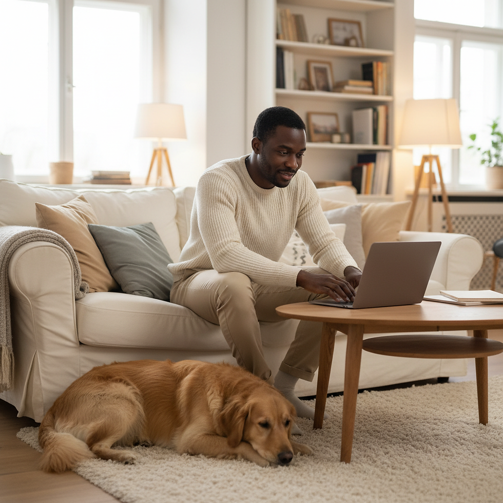 A calm dog sitting in a natural domestic setting with soft lighting