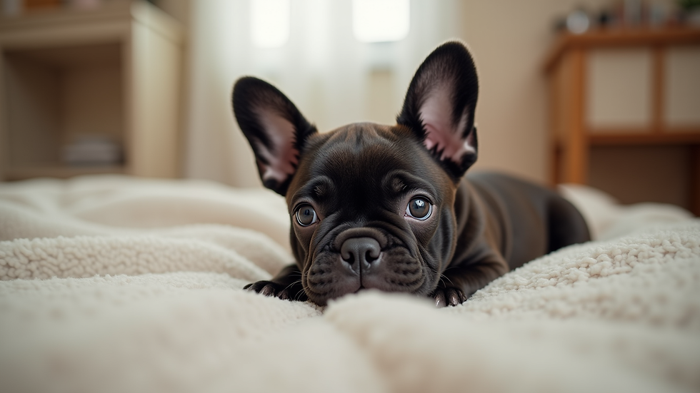 Close-up view of a playful French Bulldog puppy on a soft blanket