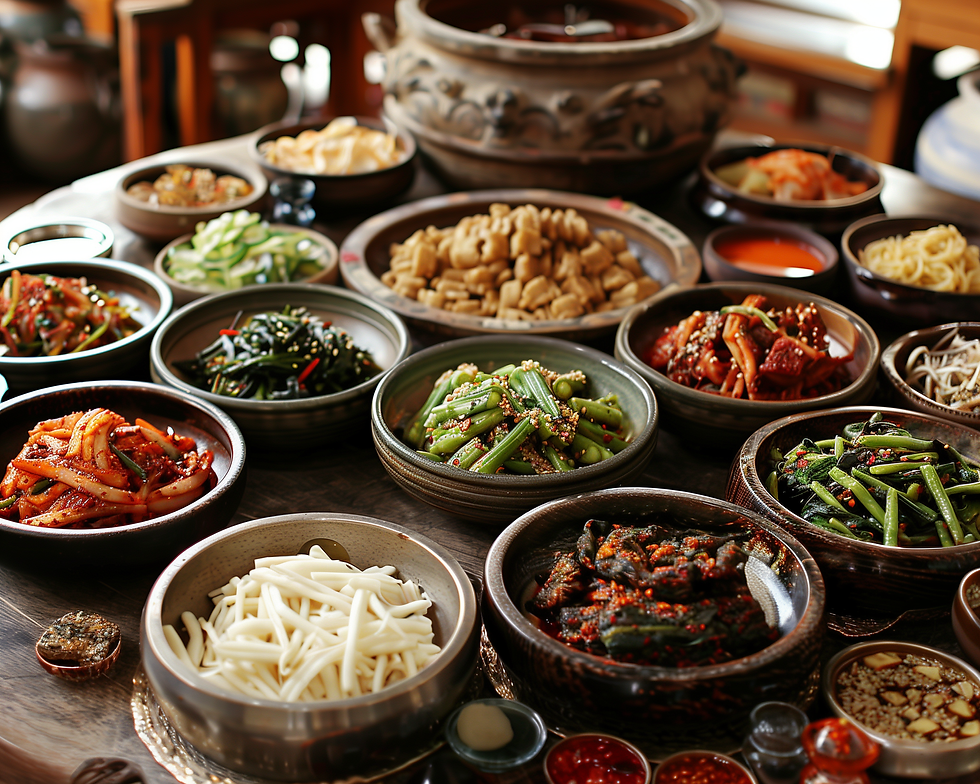 Plates of Jeotgal, Pajeon and Makgeolli