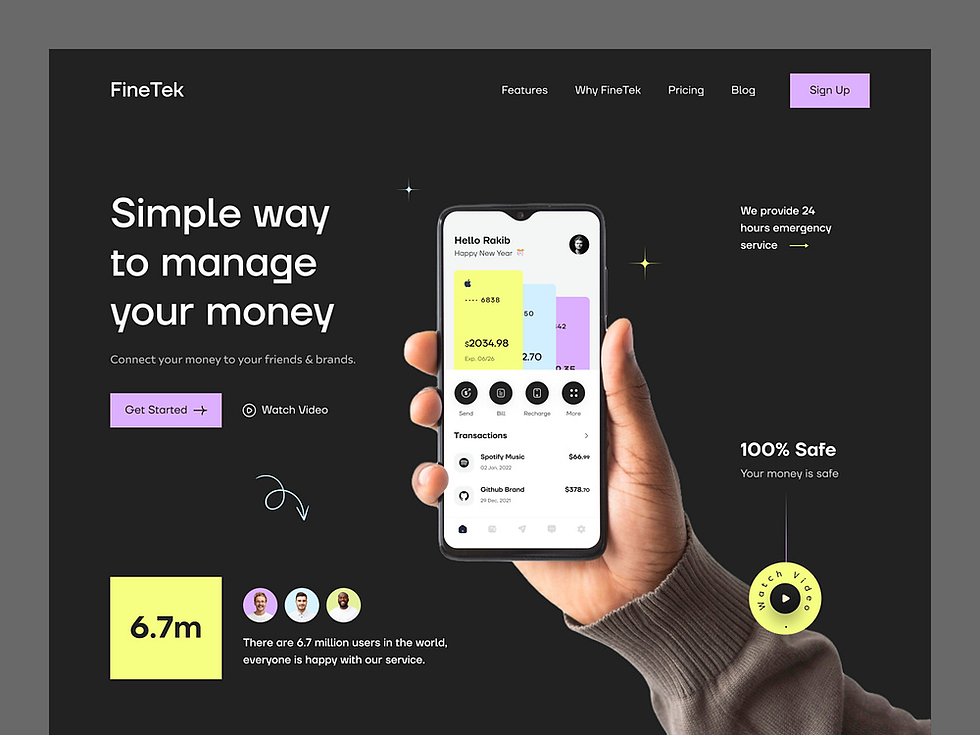 Banking Mobile App Landing Page Mockup - Dark mode design with modern colors