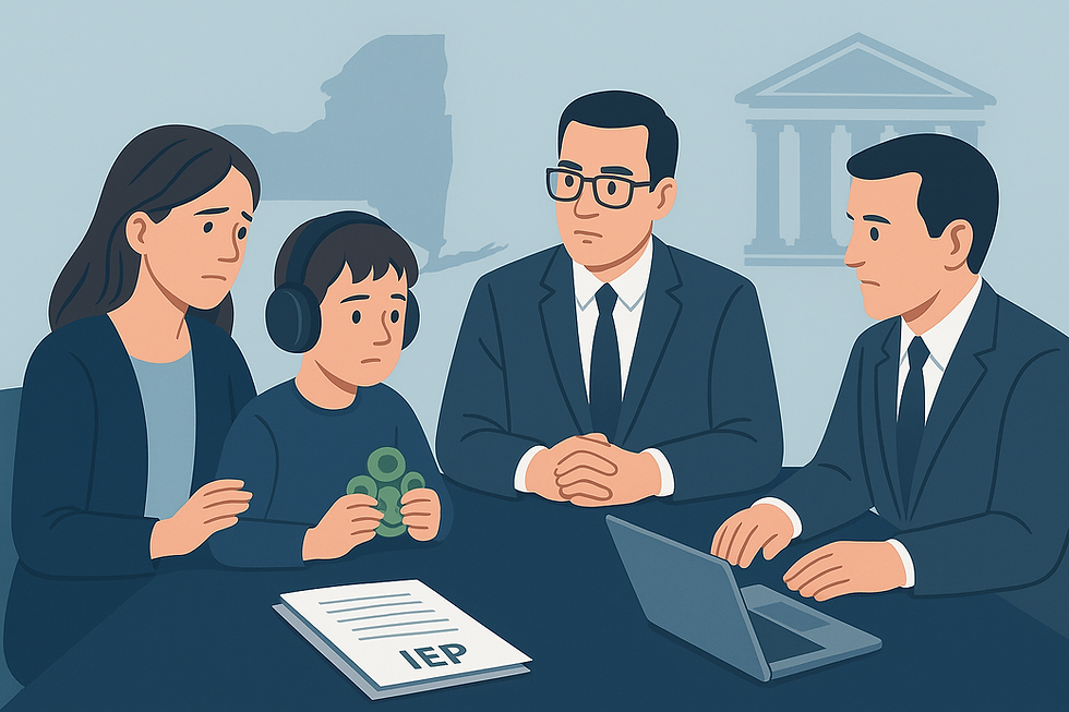 A concerned woman and child with headphones at a table with documents labeled "IEP." Two men in suits converse, laptop open, academic symbols behind.