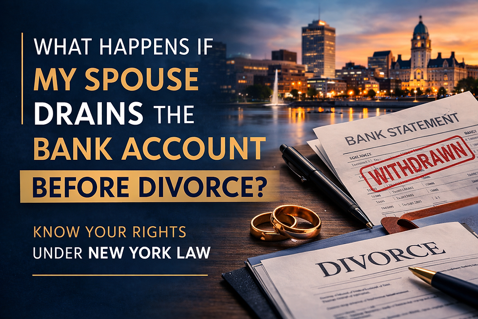 Text about financial concerns during divorce over city skyline. Bank statement marked "WITHDRAWN," divorce papers, and rings visible.