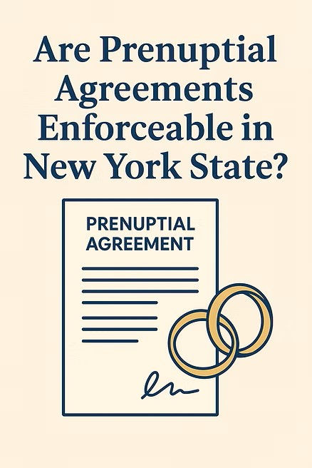 Prenuptial agreement and overlapping rings on beige background with text asking about enforceability in New York State.
