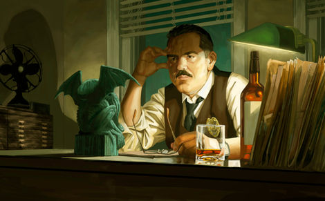 The lead Louisiana detective from the H.P. Lovecraft story The Call of Cthulhu sits at his desk late at night, contemplating a strange occult statue of a winged creature