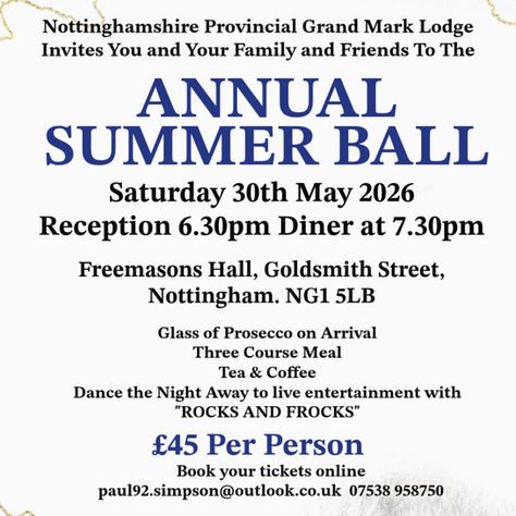 Nottinghamshire Provincial Grand Mark Lodge Annual Summer Ball 2026