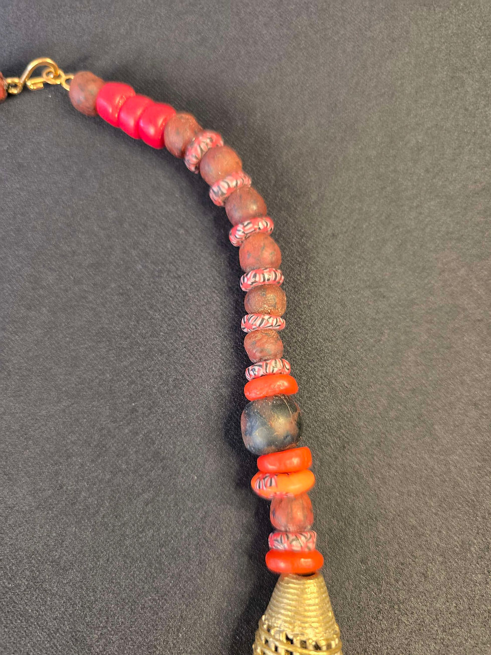 Thumbnail: Ghanaian Woven Brass and Red & Grey Glass beaded  Necklace