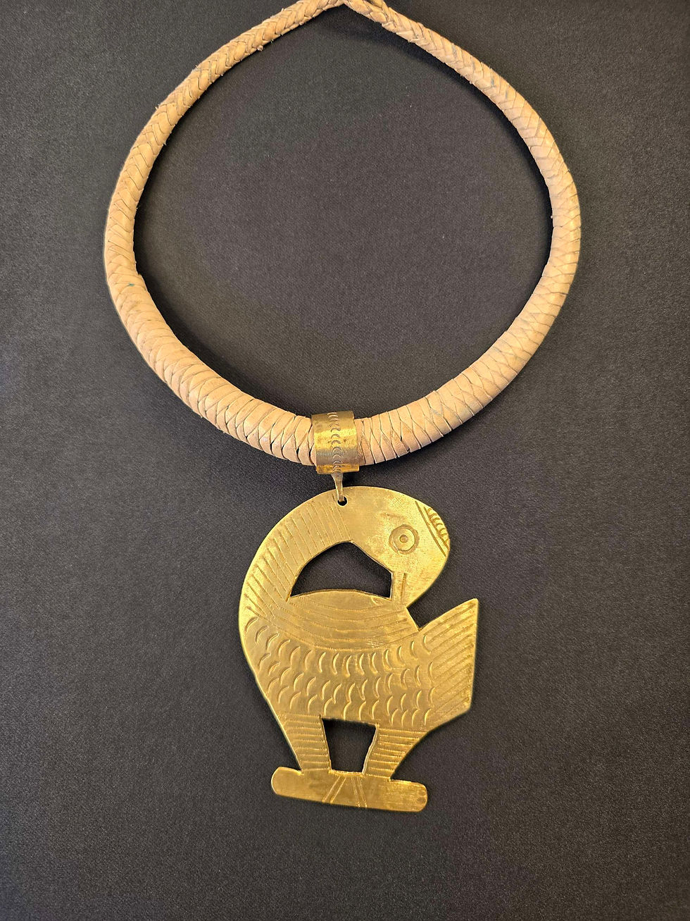 Thumbnail: Sankofa Ghanaian Brass and Cream Woven Leather Necklace 