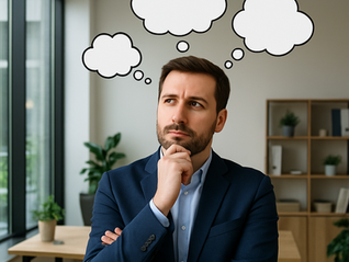 Ein Mann in einem Meetingraum, der gerade denkt. Mit Denkblasen über seinem Kopf