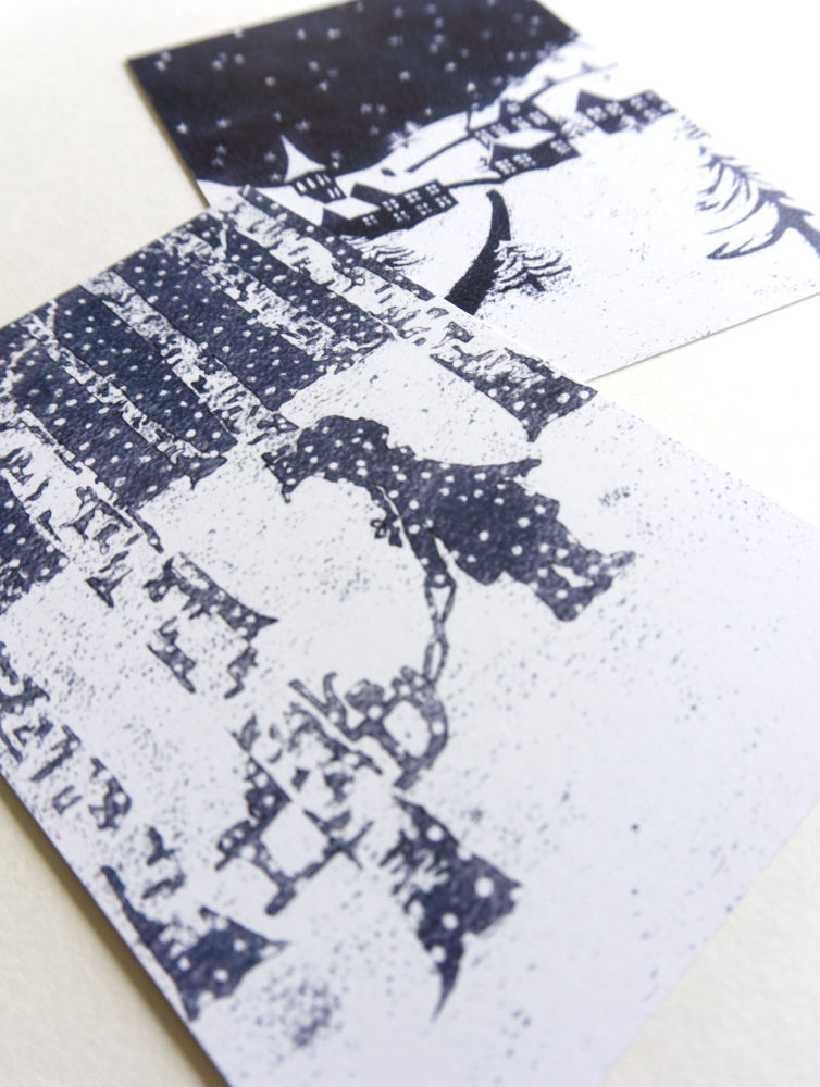 Thumbnail: Kerstkaartje sneeuwlandschap meisje sneeuw winter illustratie