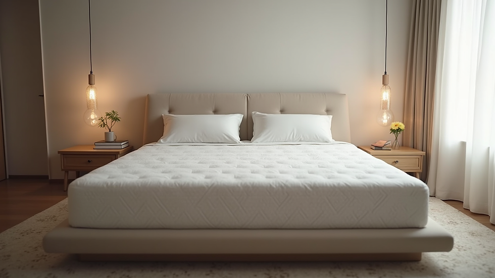 Eye-level view of a modern bedroom with a Lanube mattress on the bed
