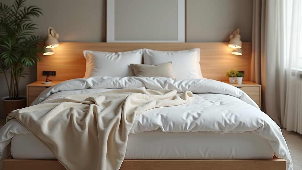 Eye-level view of a bedroom with a soft mattress and cozy bedding