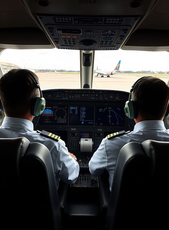 Two pilots sitting in the cockpit of Boeing737-800 with the plane parked at Tarmac and bot