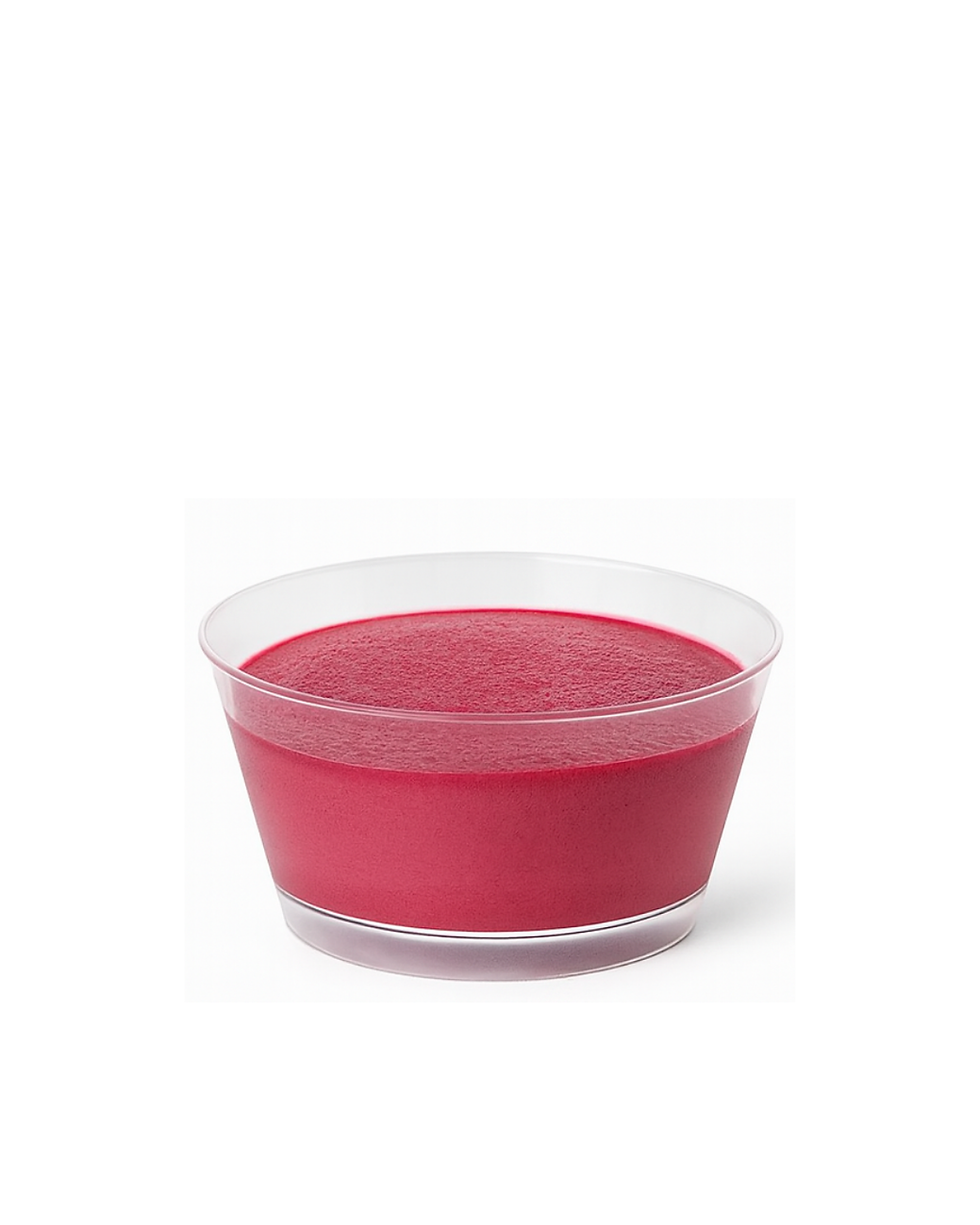 Çiyələk və morudan hazırlanmış desertlə doldurulmuş şəffaf CH-22 plastik qabı – 130 ml.