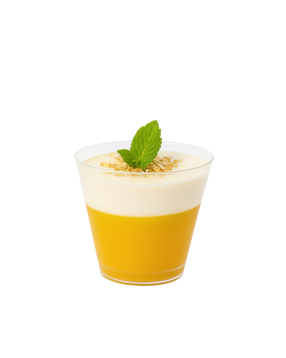 Tropik meyvəli desertlə doldurulmuş şəffaf CH-98 "S" formalı plastik qab.