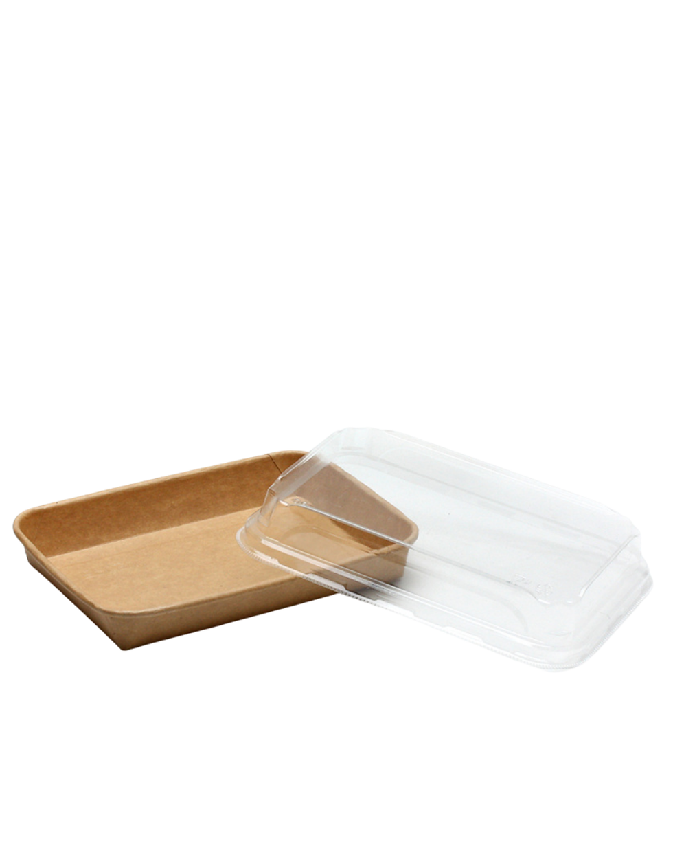 Şəffaf qapağı yanına qoyulmuş, boş, düzbucaqlı kraft kağızından hazırlanmış "takeaway" qab. JH-ST-04